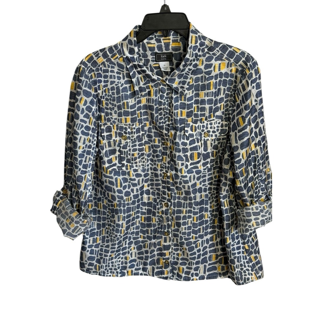 Lark Lane Geometric Shimmer Button Down ‎ Chest Pockets Roll Tab Sleeve SZ 12